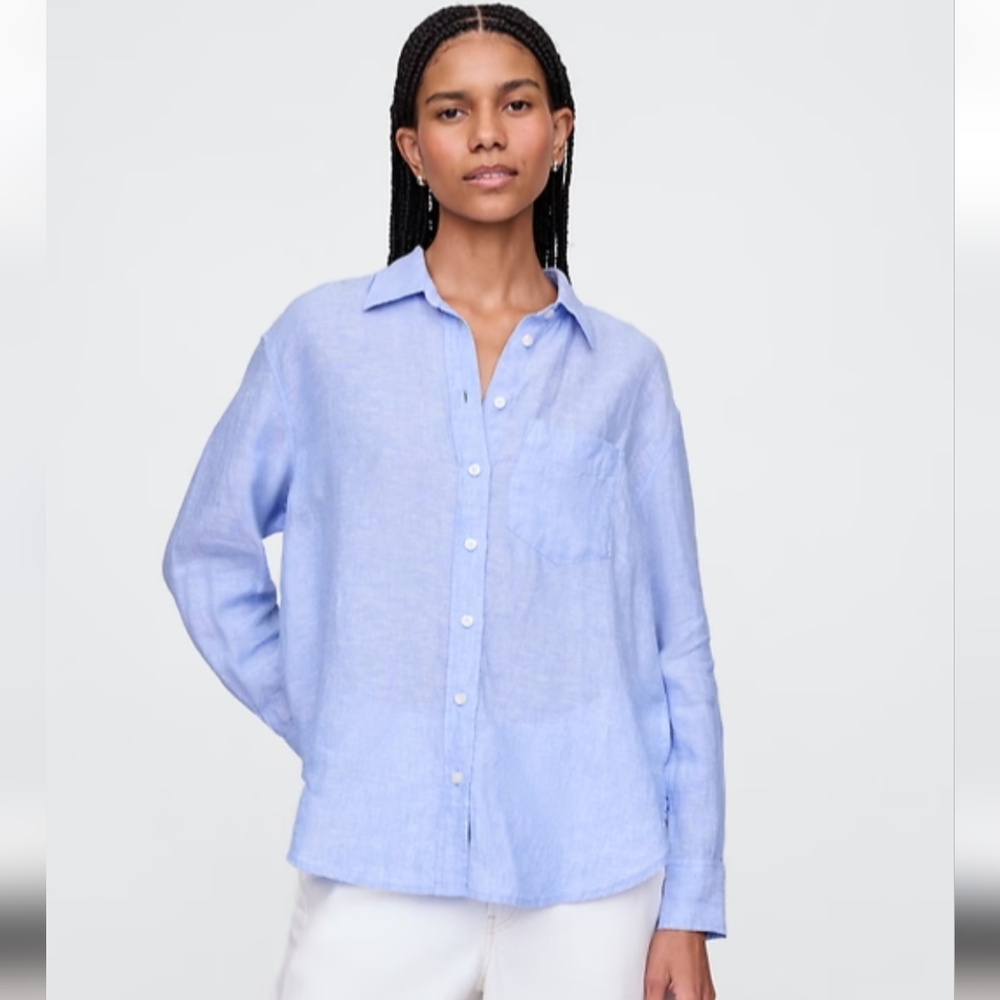 GAP Womens XXL 100% Linen Soft Blue Casual Coastal Vibes Shirt